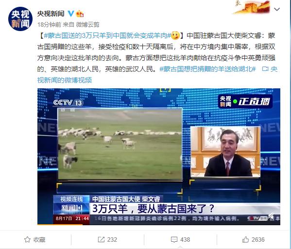 中国驻蒙古国大使：蒙古国送的3万只羊到中国就会变成羊肉